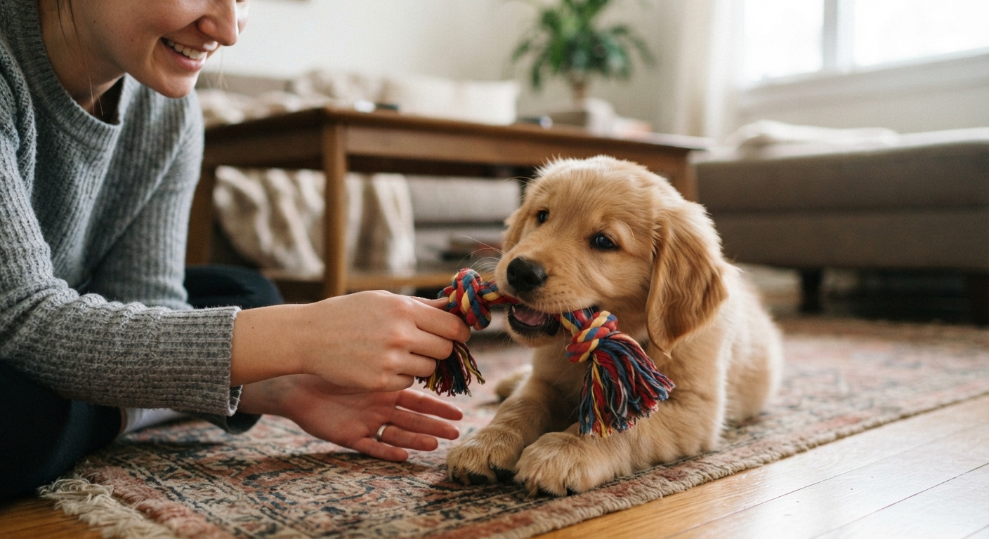 Puppy playing with a toy instead of biting hands